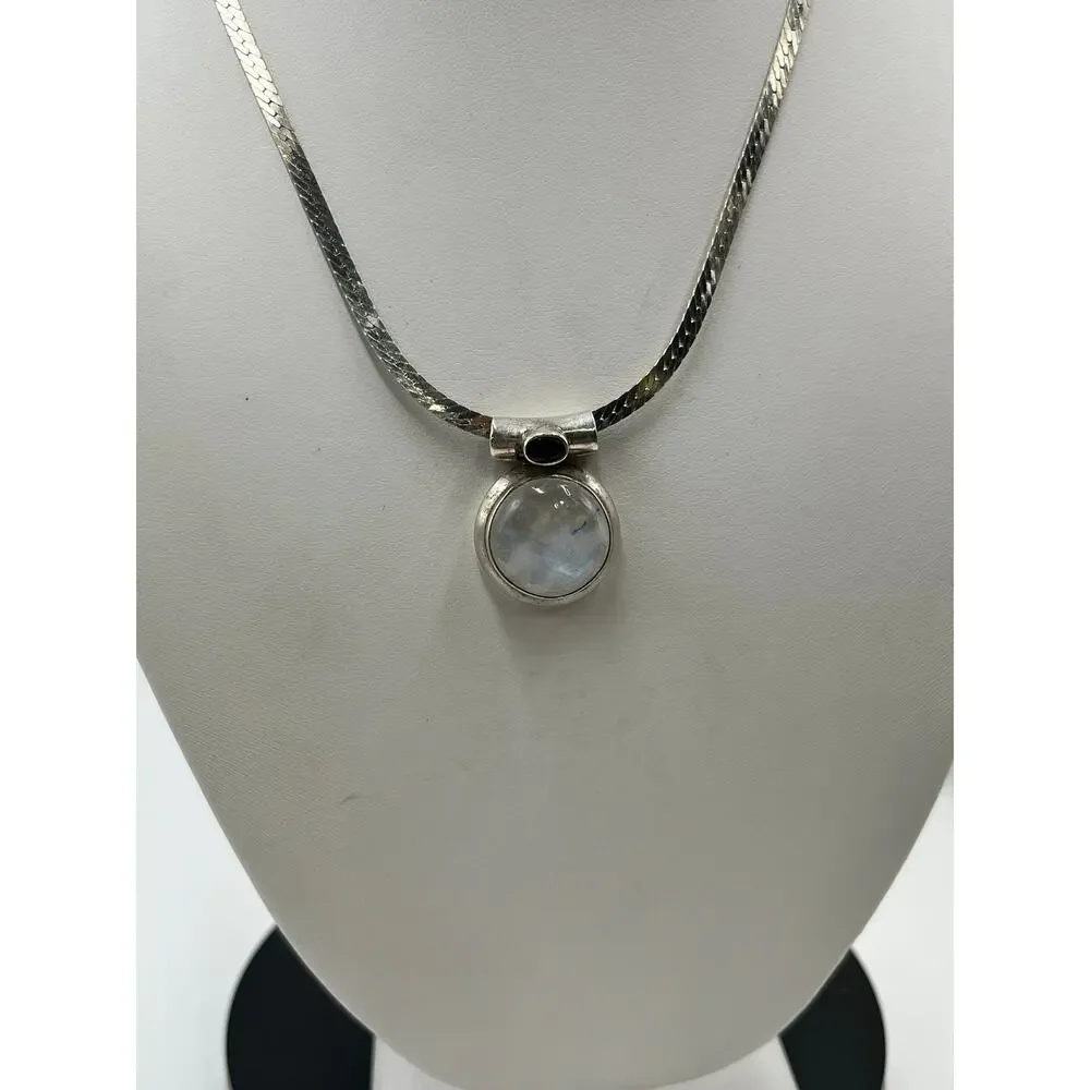 TJ Sterling Silver Moonstone Amethyst Bezel‎ Cabachon pendant Snake Necklace